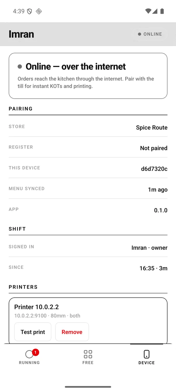 EasyKOT Android Device tab showing Online — over the internet, store Spice Route, register Not paired, menu synced 1m ago, and the signed-in shift