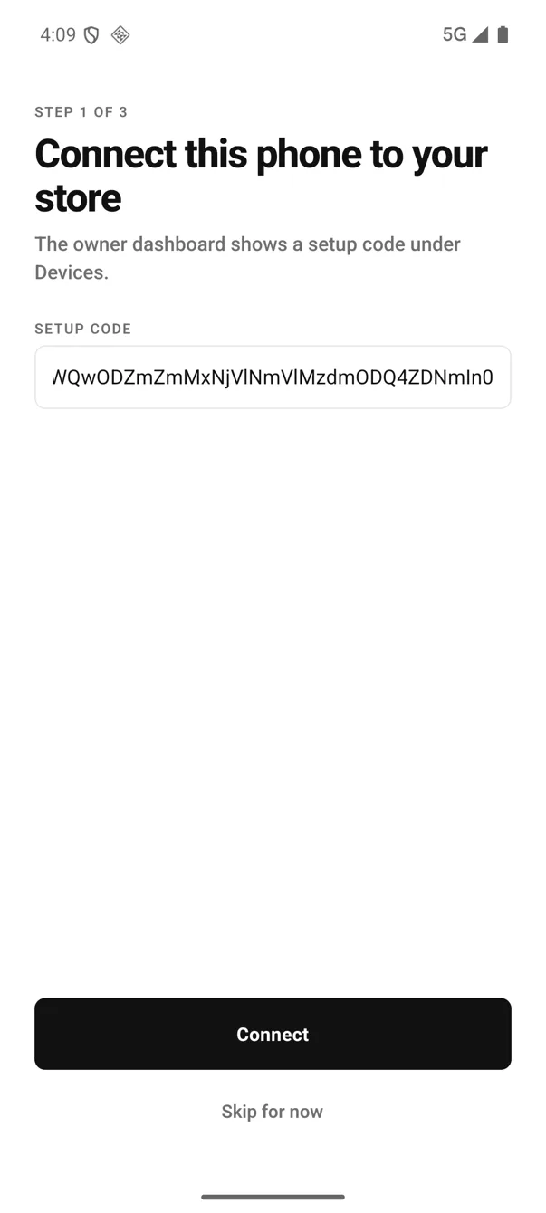 EasyKOT Android onboarding step 1 of 3, Connect this phone to your store, with a setup code pasted into the Setup code field and a Connect button