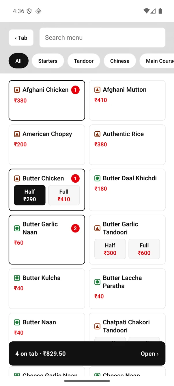 EasyKOT Android menu: dishes with green veg and brown non-veg marks, Half ₹290 and Full ₹410 portion buttons on Butter Chicken, count badges on chosen dishes, and a black bar reading 4 on tab · ₹829.50