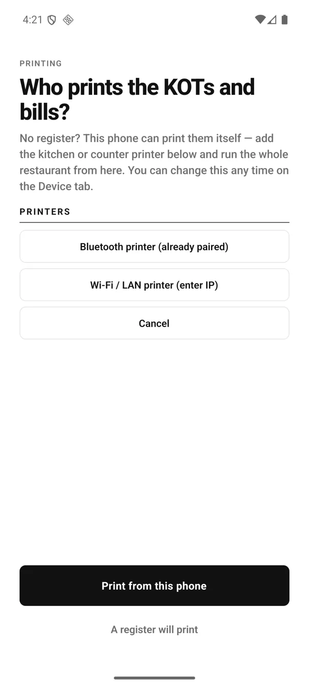 EasyKOT Android add-printer chooser with two options: Bluetooth printer (already paired) and Wi-Fi / LAN printer (enter IP)