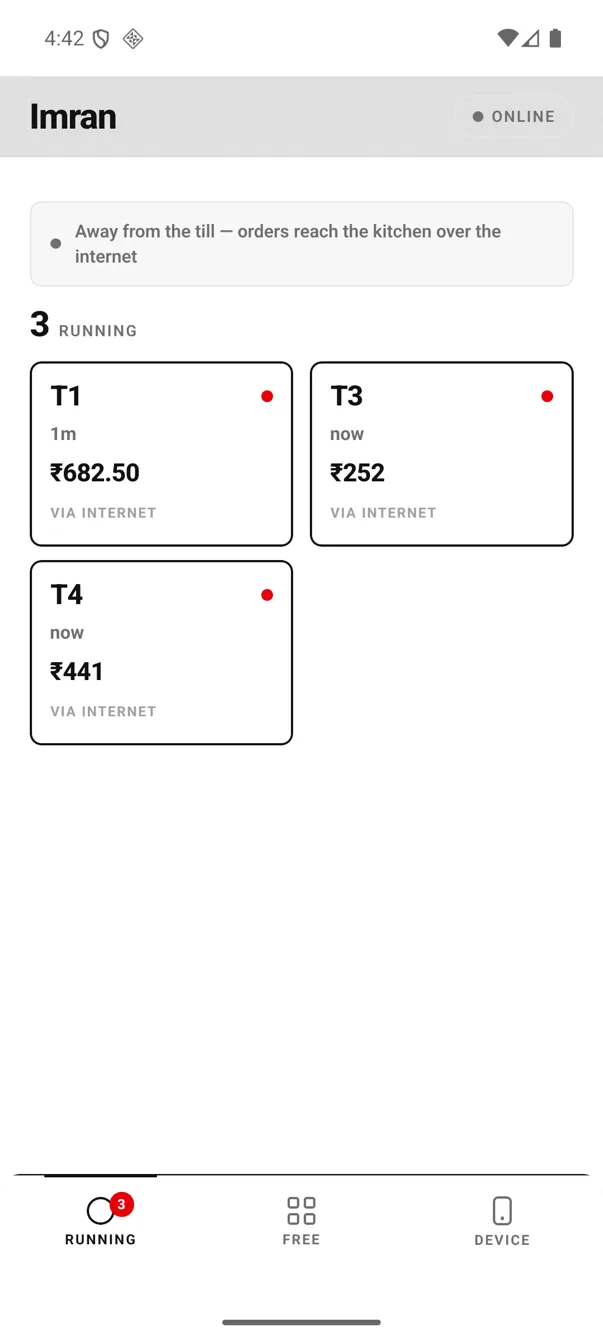 EasyKOT running on an Android phone: three running tables — T1 ₹682.50, T3 ₹252, T4 ₹441 — with the Running, Free and Device tabs along the bottom