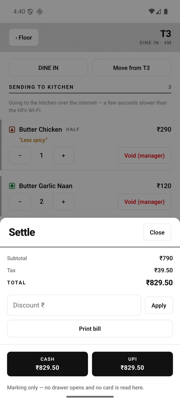 EasyKOT Android settle sheet: subtotal ₹790, tax ₹39.50, total ₹829.50, a discount box, Print bill, and CASH and UPI buttons, with a line reading marking only — no drawer opens and no card is read here