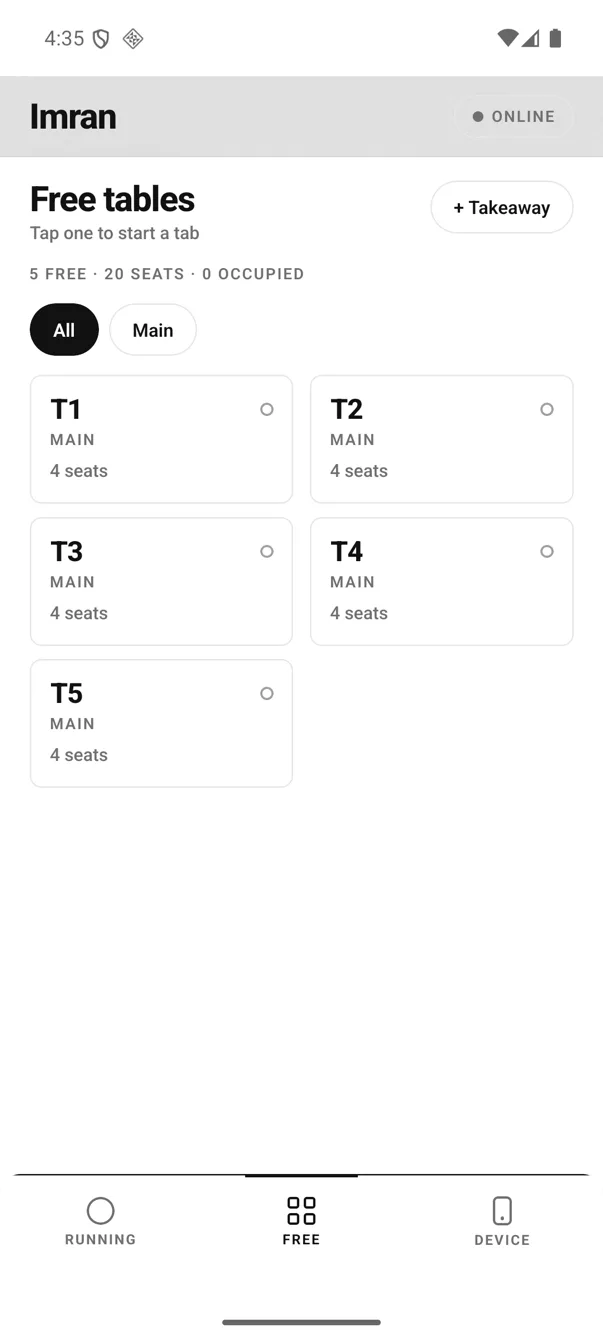 EasyKOT on Android, Free tables screen: 5 free, 20 seats, 0 occupied, with tables T1 to T5 and a + Takeaway button