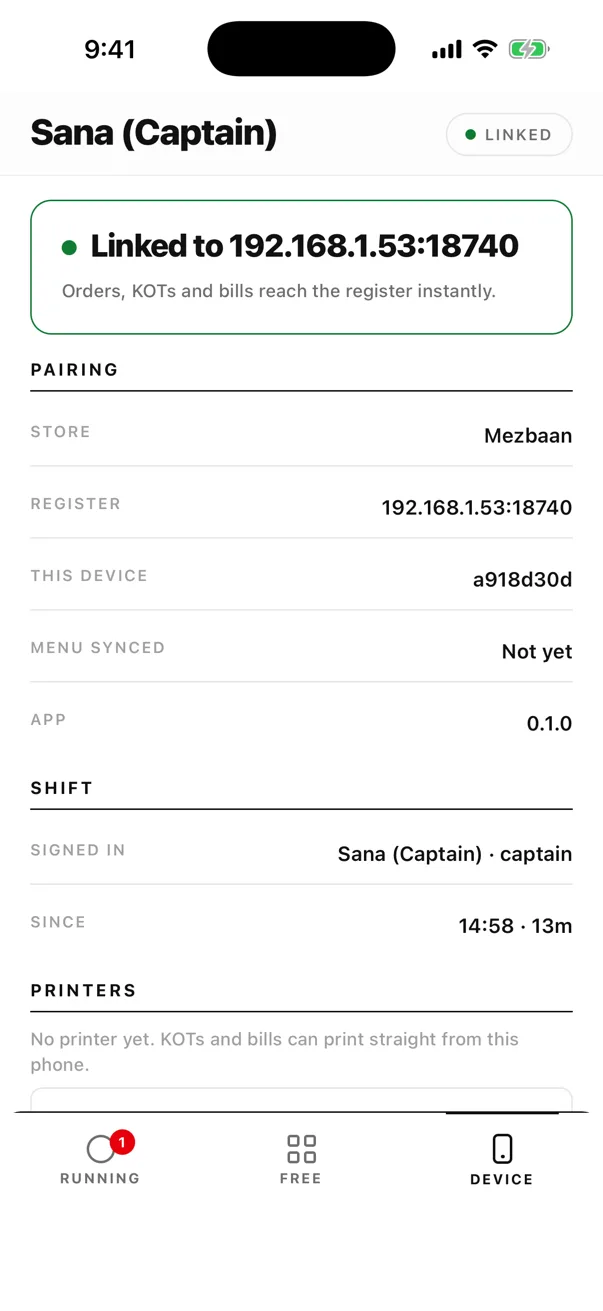 EasyKOT Captain app Device tab: green 'Linked to 192.168.1.53:18740', pairing details, shift showing Sana (Captain), and Printers reading 'No printer yet'