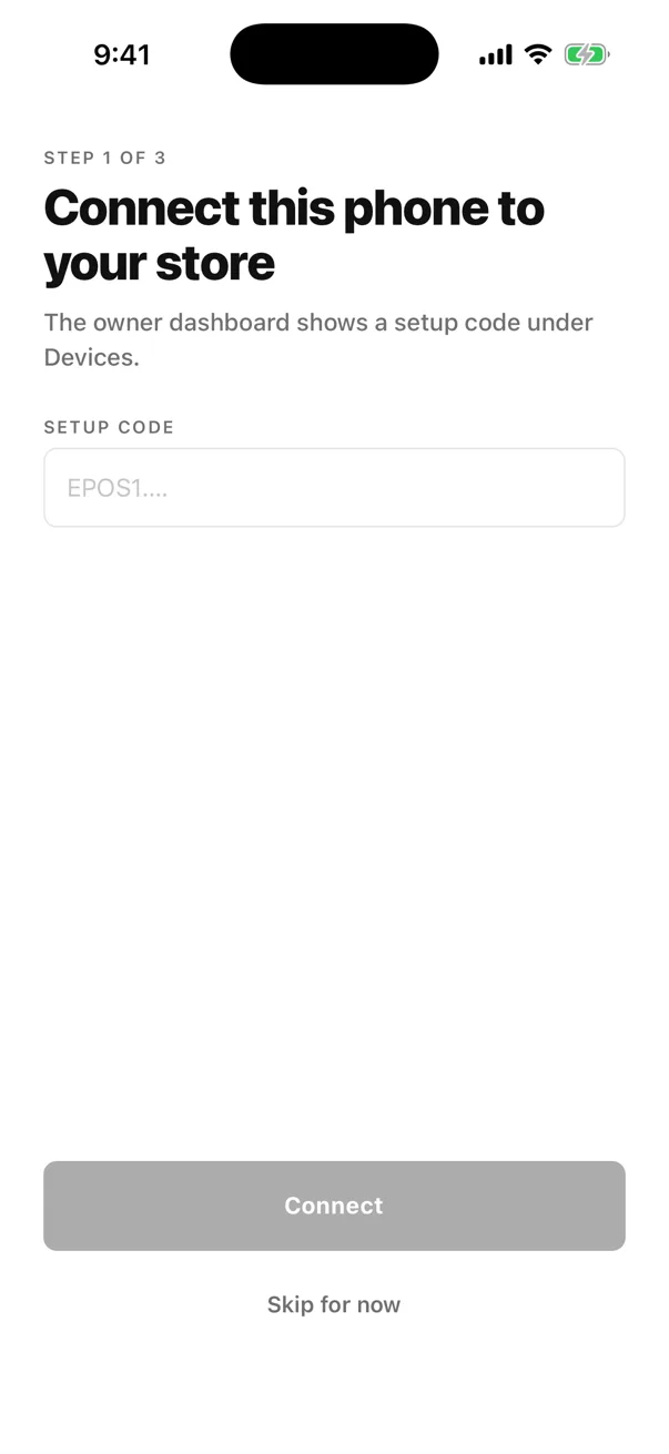 EasyKOT Captain app Step 1 of 3, Connect this phone to your store: a setup code field and a disabled Connect button