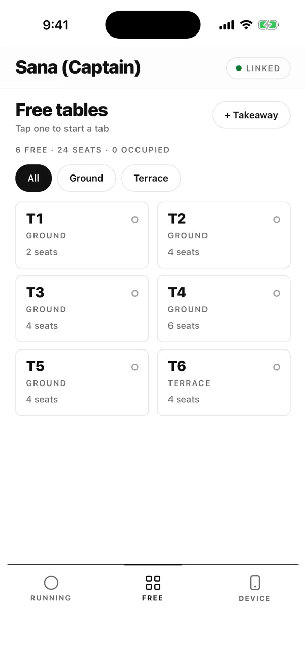 EasyKOT Captain app Free tab: six free tables, 24 seats, none occupied, and a + Takeaway button