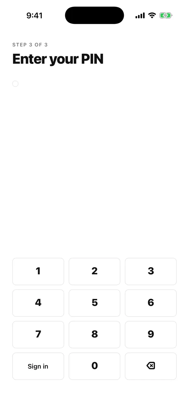 EasyKOT Captain app Step 3 of 3, Enter your PIN: a number pad and a Sign in button