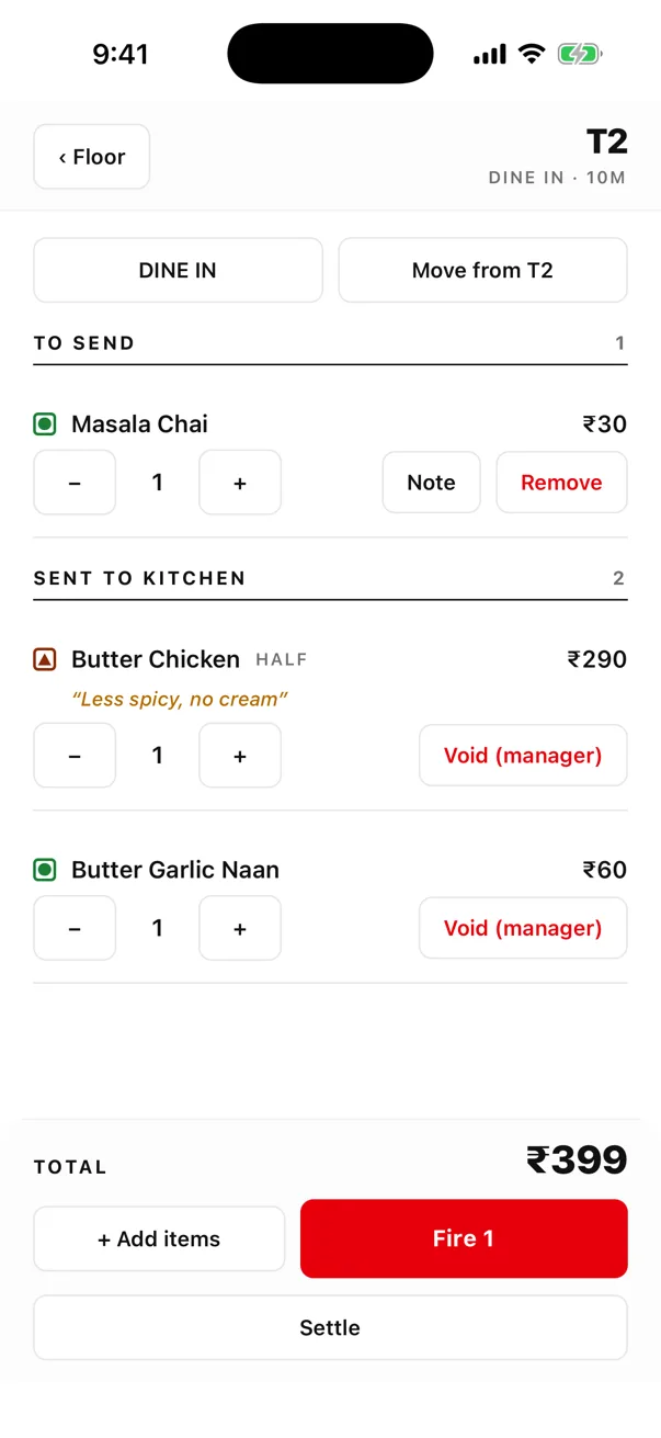 EasyKOT Captain app T2, second round: TO SEND 1 (Masala Chai) above SENT TO KITCHEN 2, the fired lines with Void (manager); total ₹399