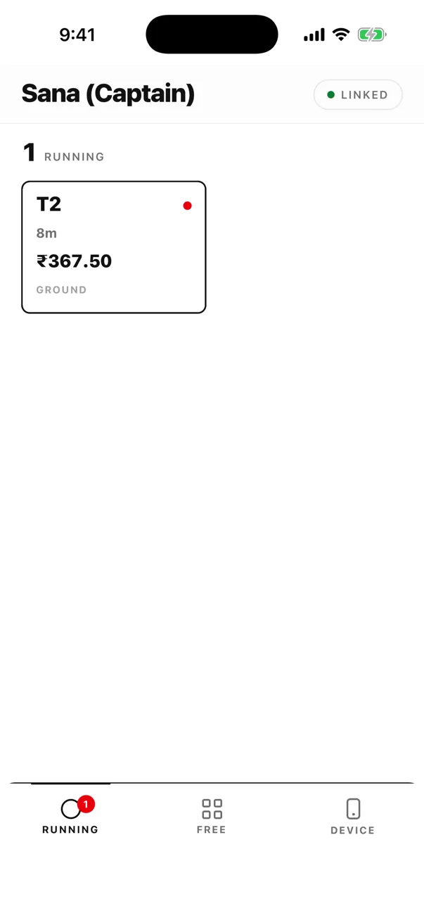 EasyKOT captain app Running tab: one table with a live 8-minute timer and ₹367.50, and a LINKED chip