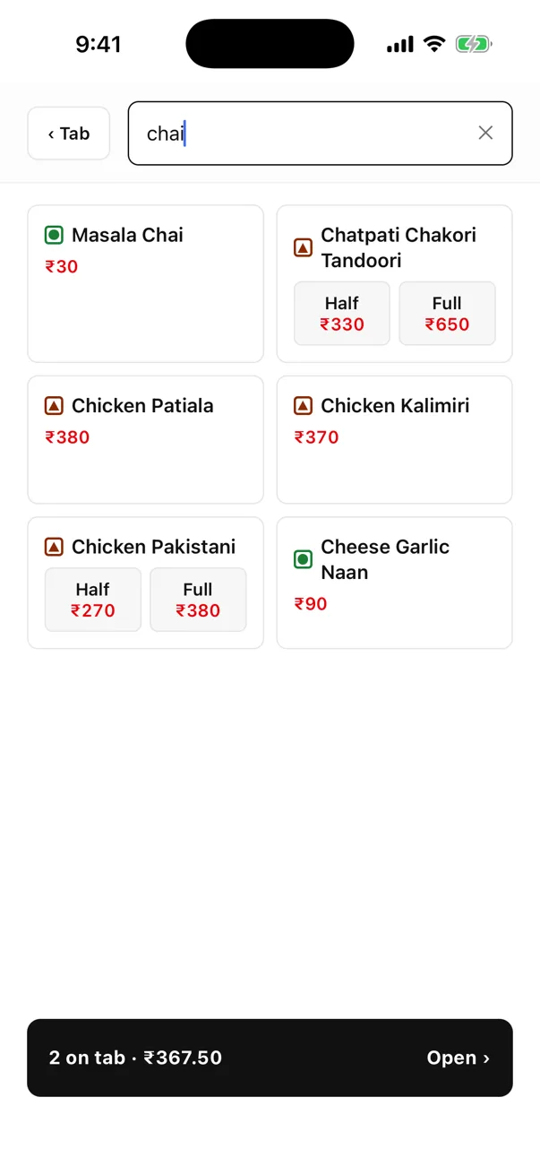EasyKOT Captain app search filtering on 'chai': Masala Chai listed first among the matches