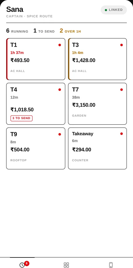 Captain app on a phone: running tables with timers and amounts