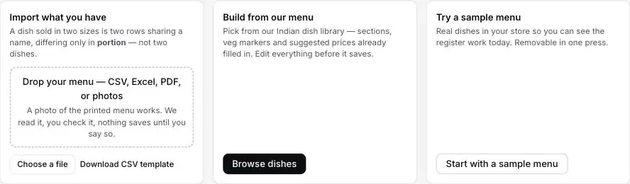 Menu import: drop your menu as CSV, Excel, PDF or photos; build from the dish library; or start with a sample menu