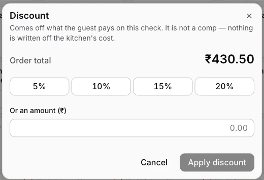 The EasyKOT discount sheet on a check: quick keys for 5, 10, 15 and 20 percent, a flat amount field, and the note that it comes off what the guest pays — not a comp