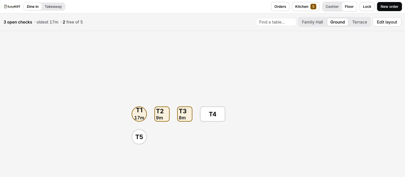 The register's live Floor tab drawing the room to scale: free tables as plain outlines, seated tables filled amber with elapsed-time clocks, and the open-check count in the header