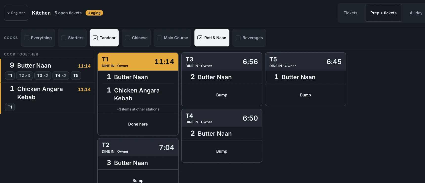 EasyKOT kitchen display filtered to one station: the COOKS row has Tandoor and Roti and Naan ticked, each ticket shows only its station's lines with a count of items at other stations, and the button reads Done here instead of Bump