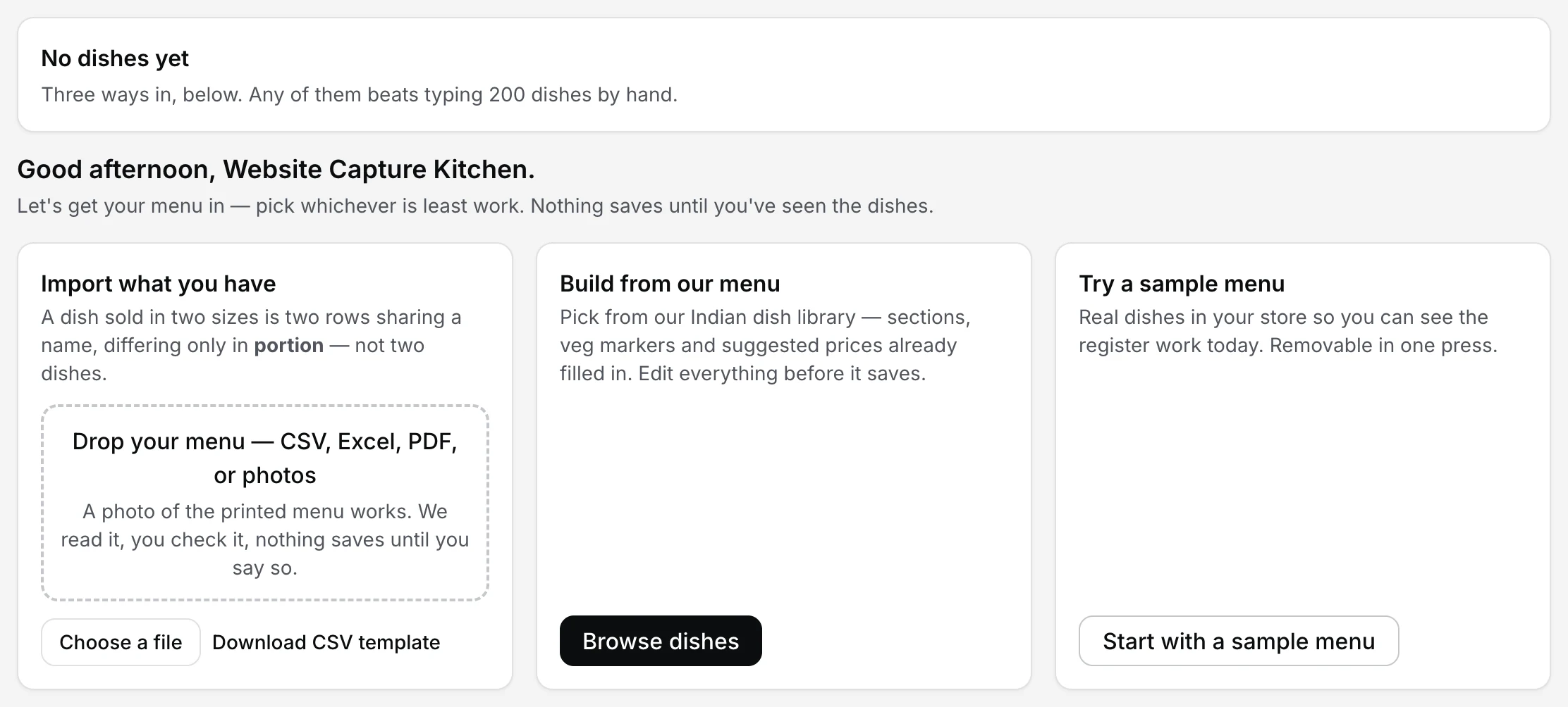 EasyKOT's menu onboarding: three lanes — Import what you have with a drop zone and CSV template, Build from our menu, and Try a sample menu
