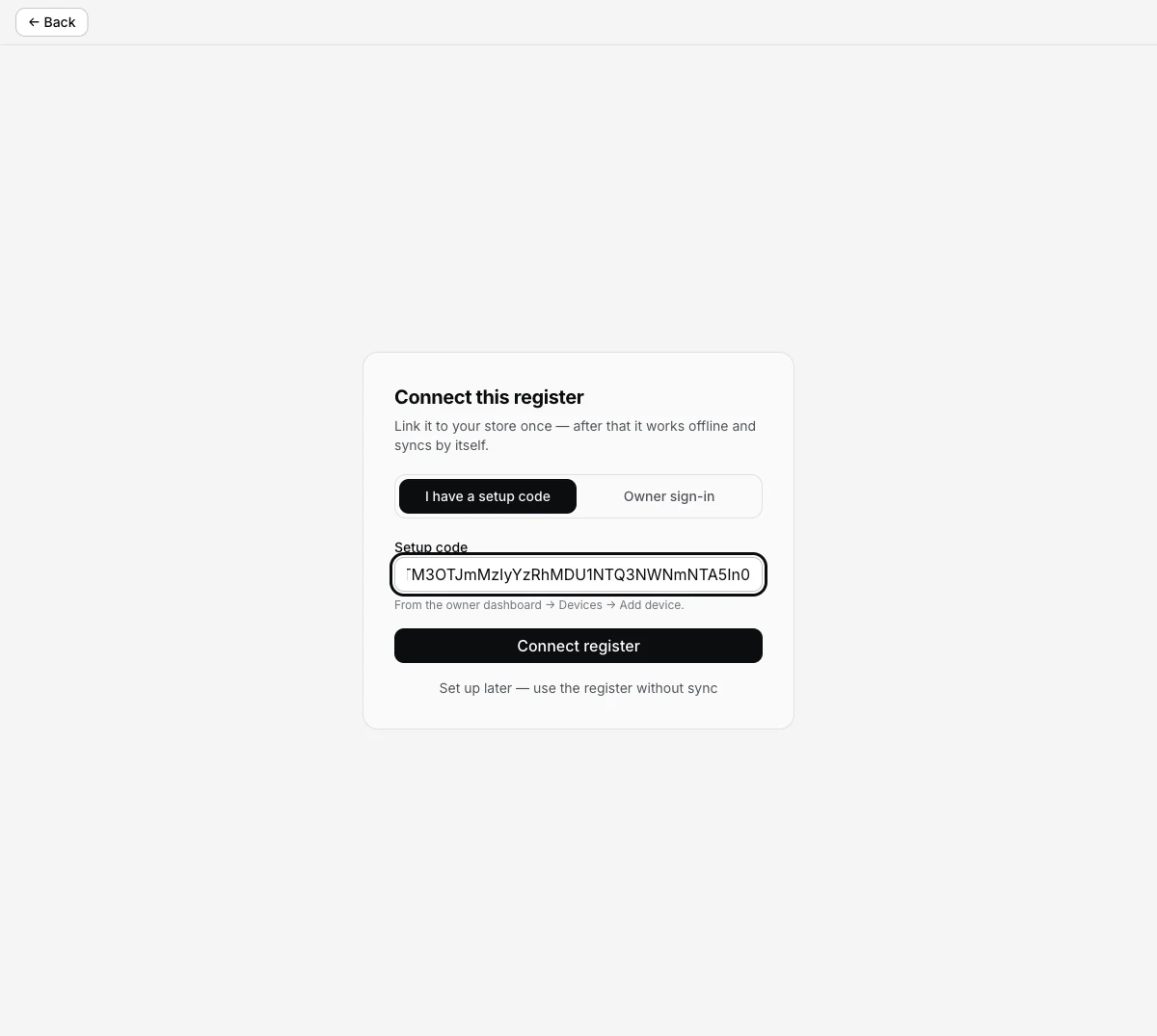 The same Connect this register screen with a long setup code pasted into the Setup code field, ready to press Connect register
