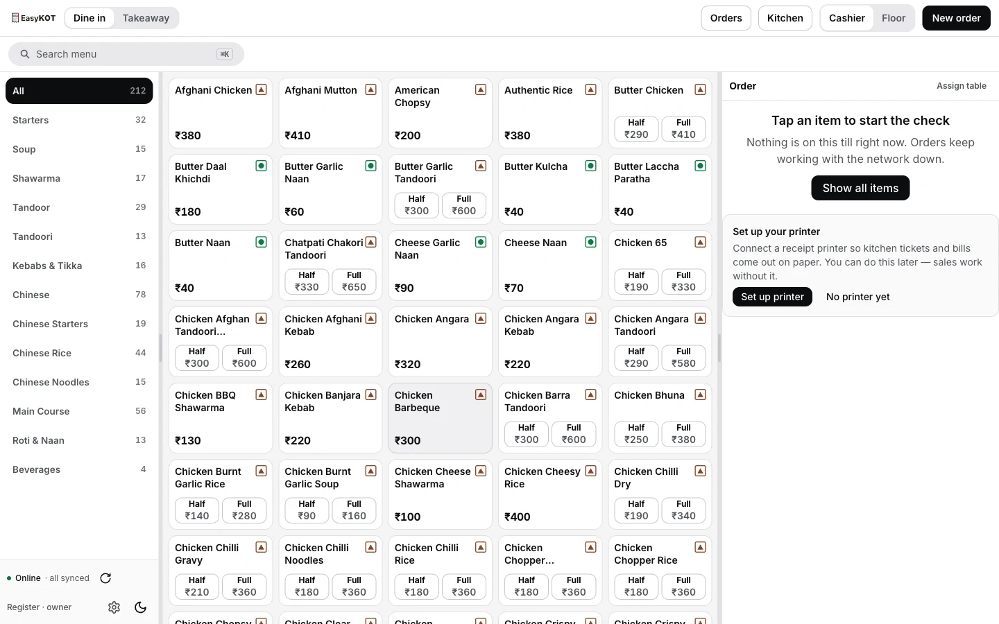 EasyKOT register catalog after syncing: category rail with Starters 32, Soup 15, Shawarma 17, Tandoor 29, Chinese 78 and more totalling 212 dishes, the status rail reading Online · all synced, a staff chip reading Register · owner, and a Set up your printer nudge in the empty order panel