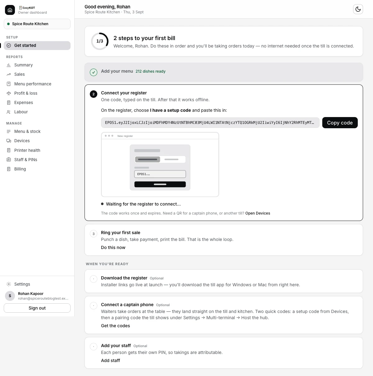 EasyKOT owner dashboard checklist at 1 of 3: Add your menu ticked with 212 dishes ready, and Connect your register open showing a setup code starting EPOS1. with a Copy code button and Waiting for the register to connect