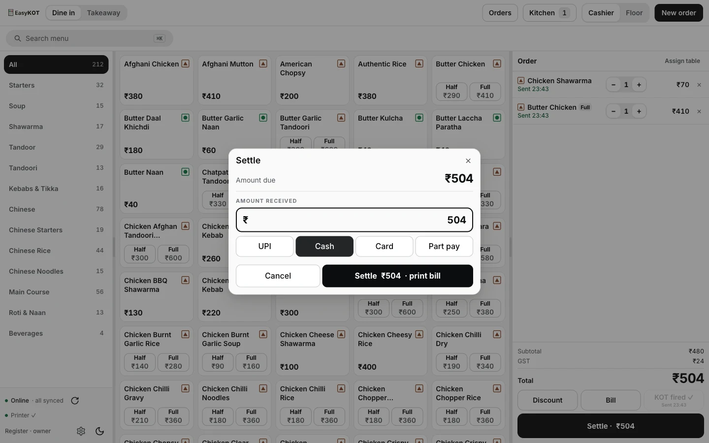 EasyKOT register Settle sheet: Amount due ₹504, Amount received prefilled to 504, Cash selected among UPI, Cash, Card and Part pay tenders, and a Settle ₹504 · print bill button