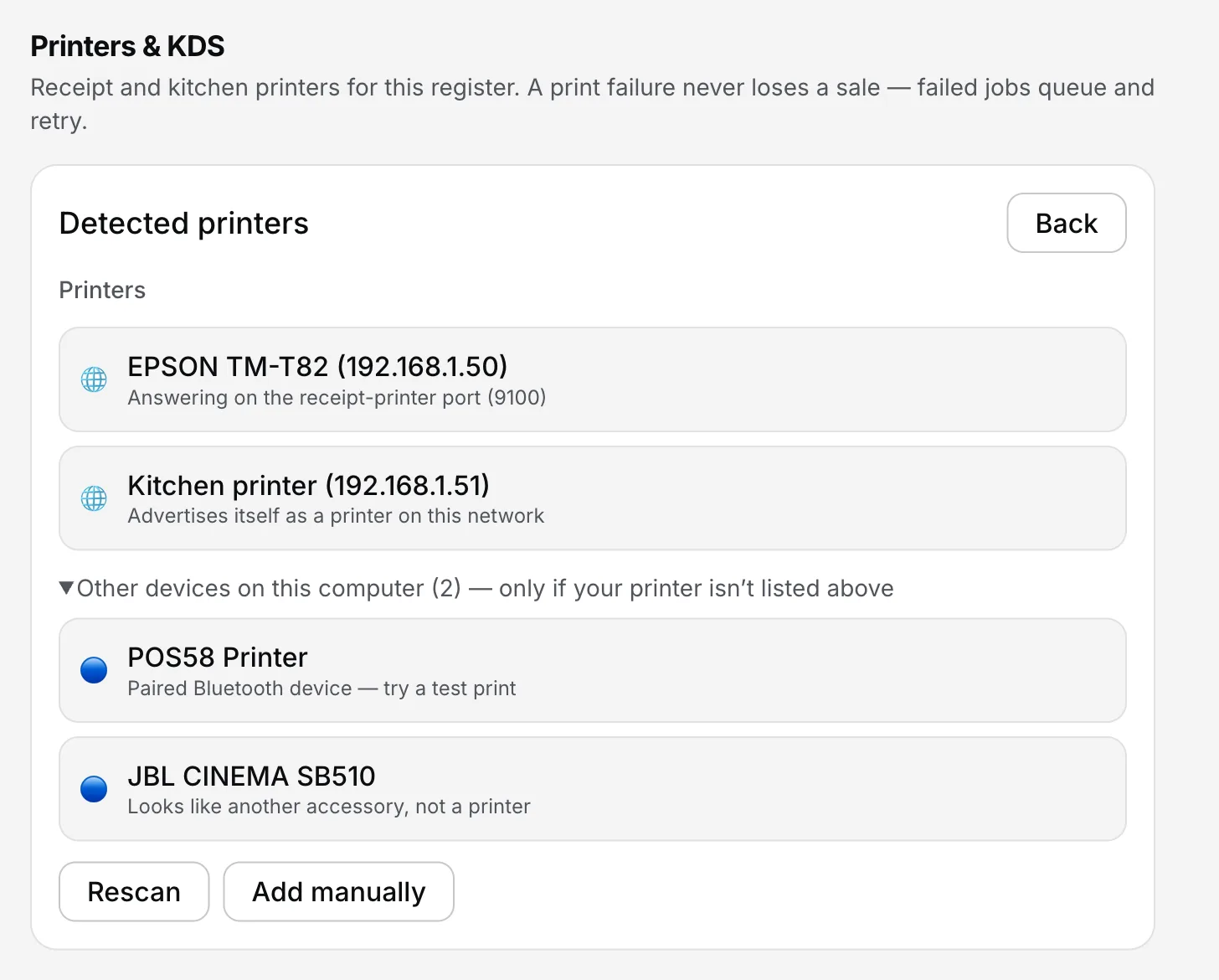 EasyKOT detect results with the Other devices on this computer group open, listing a paired Bluetooth thermal printer with the note try a test print alongside a soundbar marked as another accessory, not a printer