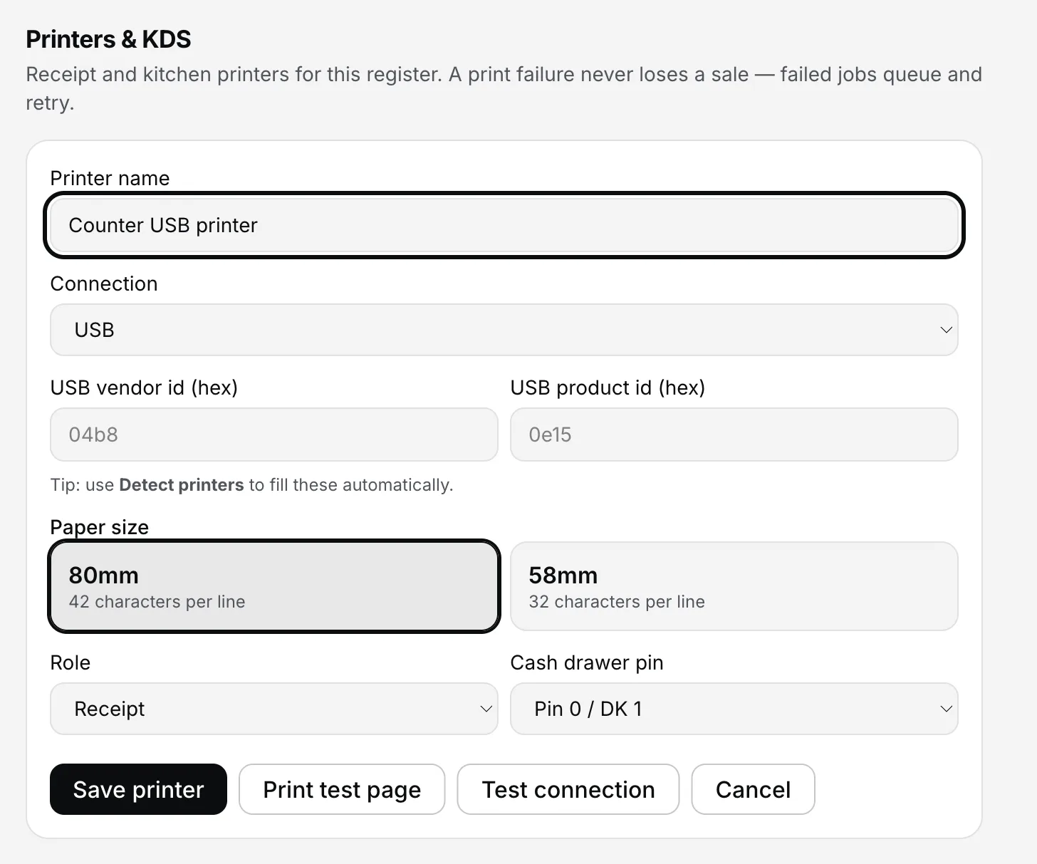 EasyKOT Add manually form set to USB: USB vendor id and USB product id fields in hex, a tip reading use Detect printers to fill these automatically, paper size 80mm selected, Role Receipt