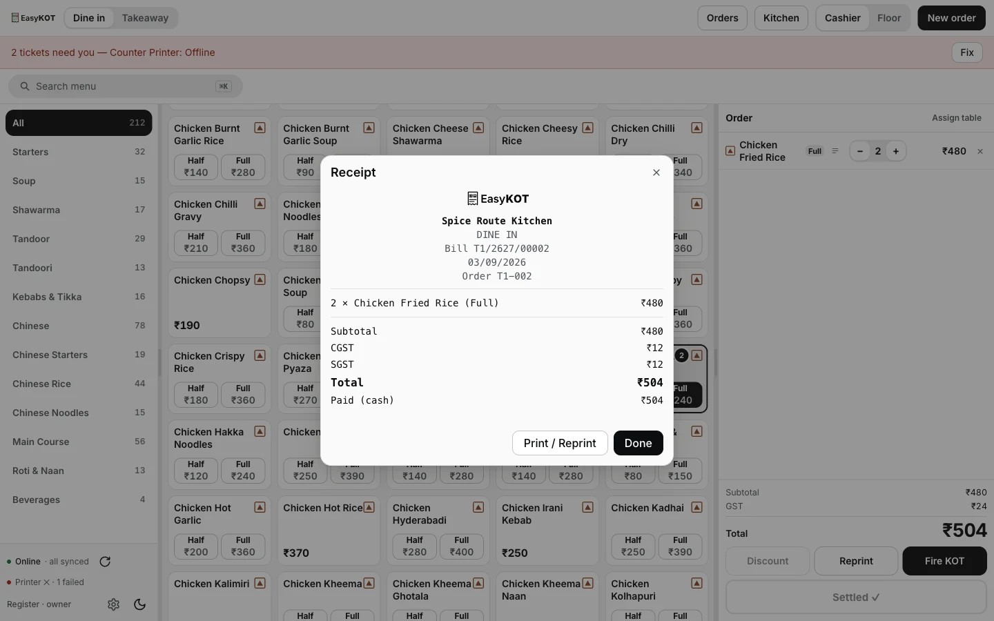 EasyKOT register with a red bar reading 2 tickets need you — Counter Printer: Offline and a Fix button, above the receipt preview for a bill that already settled fine