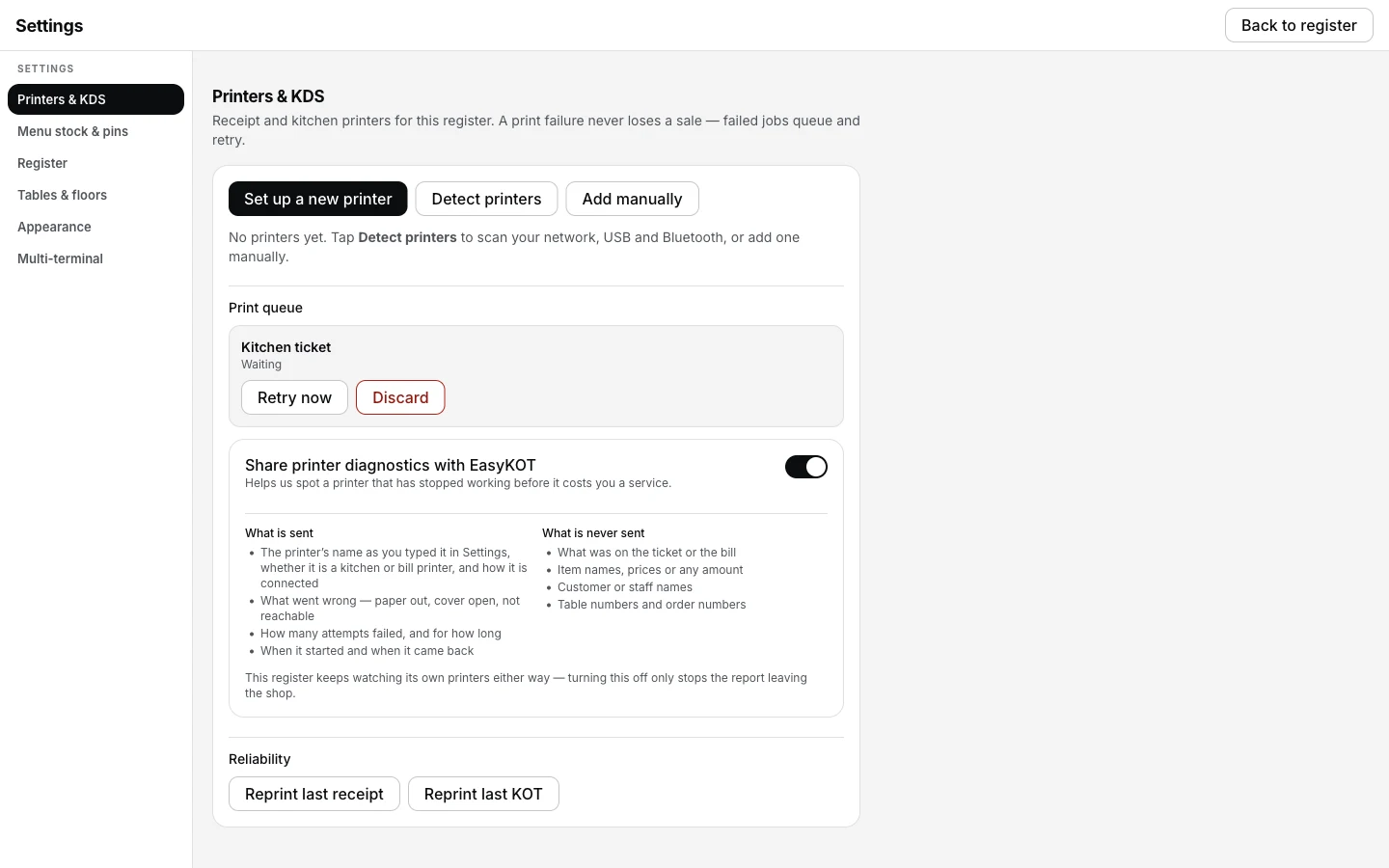 EasyKOT Settings, Printers and KDS, with a Print queue row: Kitchen ticket, Waiting, and Retry now / Discard buttons