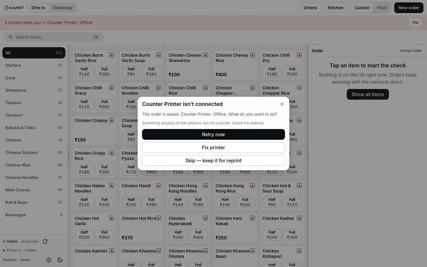 EasyKOT dialog titled Counter Printer isn't connected: the order is saved, Counter Printer: Offline, something answers at that address but not a printer — with Retry now, Fix printer and Skip — keep it for reprint buttons