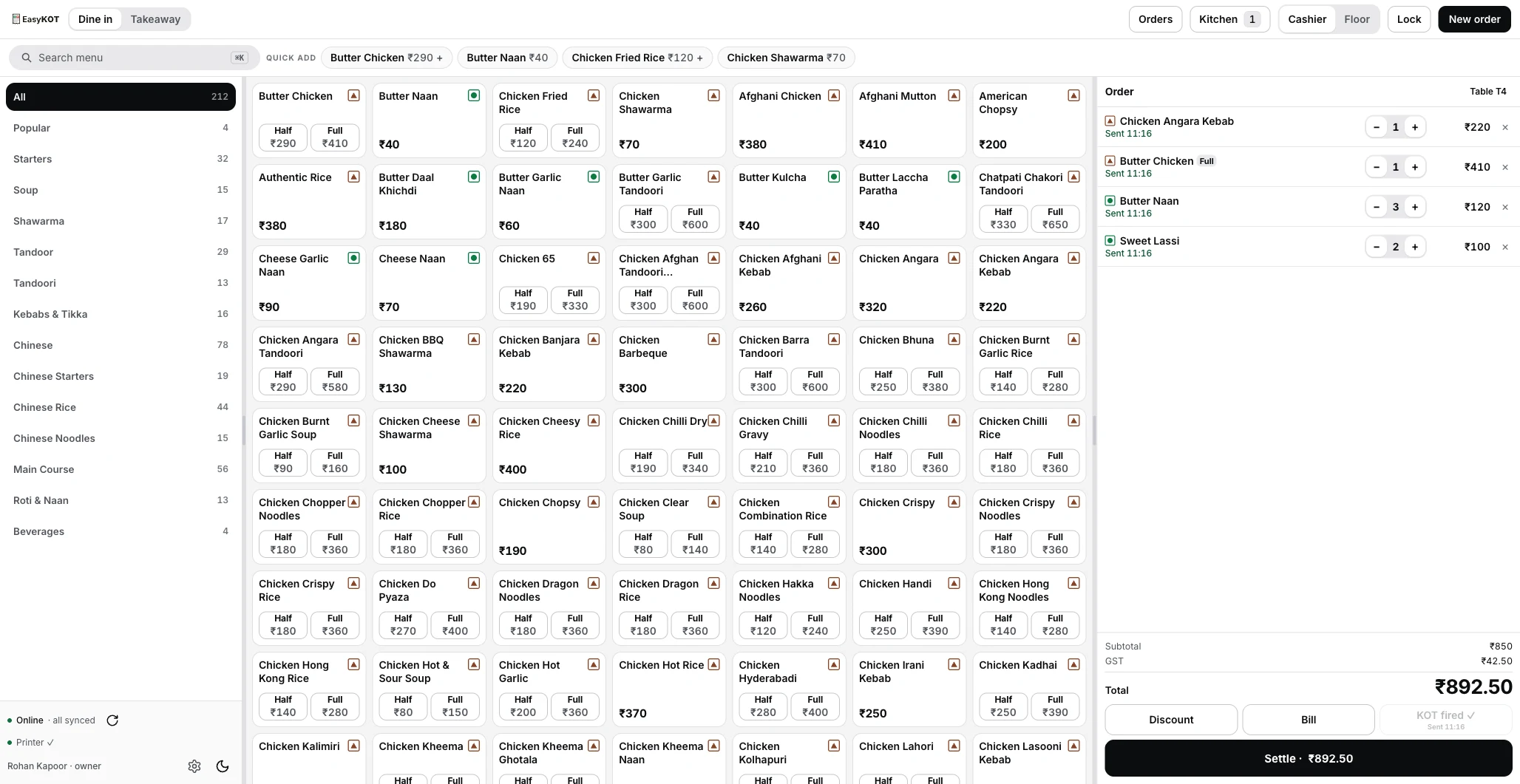 EasyKOT register: the 212-dish demo menu with veg and non-veg marks and a four-line cart for Table T4, every line marked Sent 11:16 under the KOT fired ✓ key