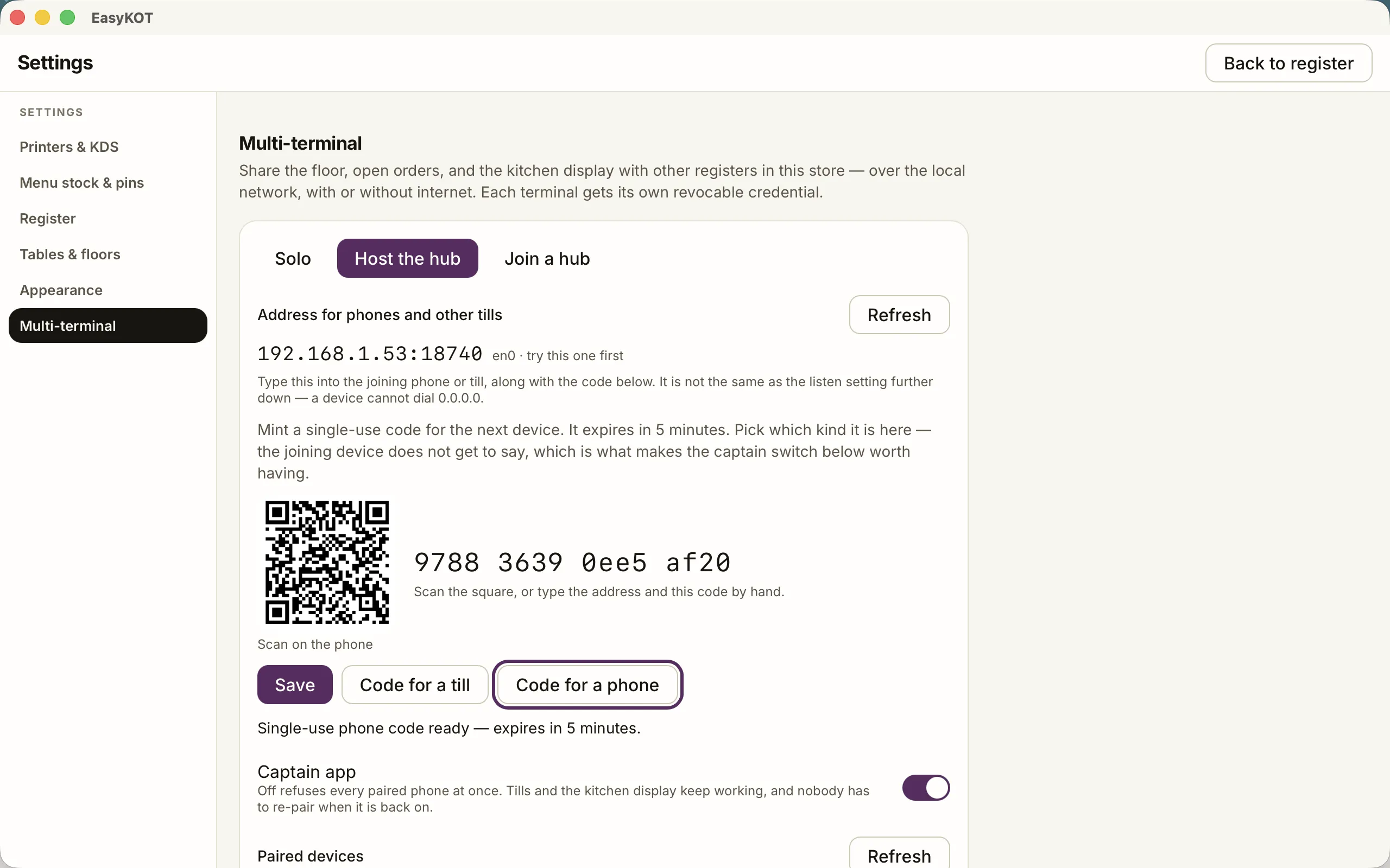 EasyKOT register Settings, Multi-terminal, Host the hub: address 192.168.1.53:18740, a pairing QR and code, and a Code for a phone button