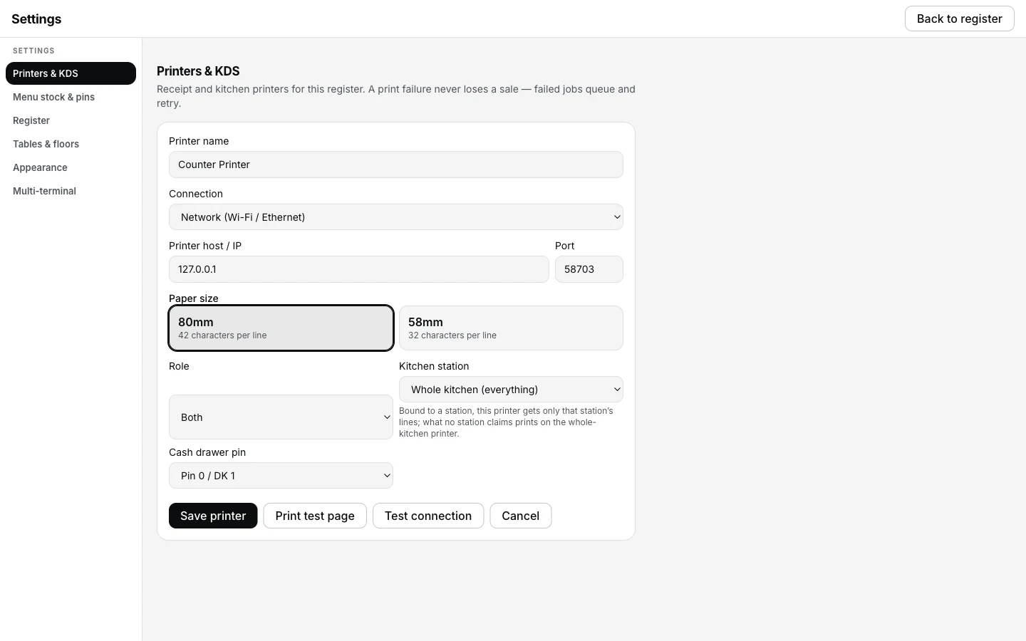 The register's Printers & KDS edit screen for Counter Printer: Connection Network (Wi-Fi / Ethernet), 80mm paper, Role set to Both, and a Kitchen station dropdown reading Whole kitchen (everything) — the same control where a specific station like Tandoor is picked instead