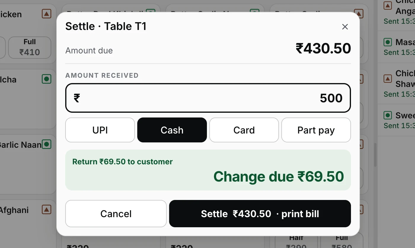 The EasyKOT settle sheet after typing ₹500 against a ₹430.50 bill: a green panel reads 'Return ₹69.50 to customer' with 'Change due ₹69.50', above the UPI, Cash, Card and Part pay tender keys
