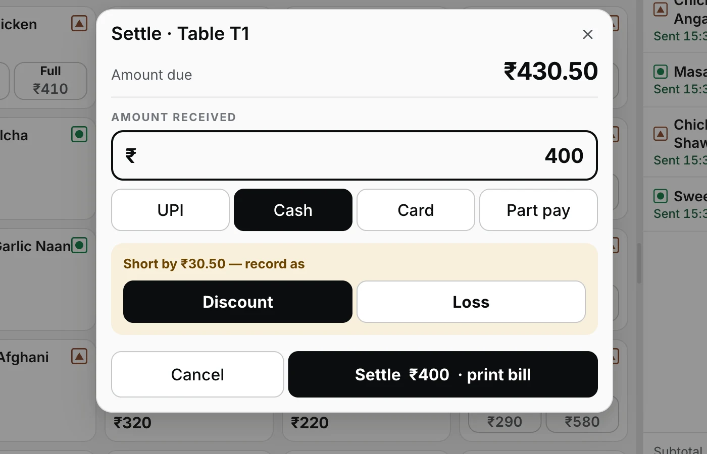 The settle sheet with ₹400 typed against ₹430.50 due: an amber panel reads 'Short by ₹30.50 — record as' with Discount and Loss choices that must be picked before settling