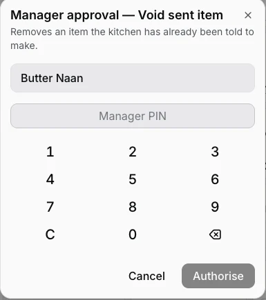The register's manager PIN pad reading 'Manager approval — Void sent item · Removes an item the kitchen has already been told to make'