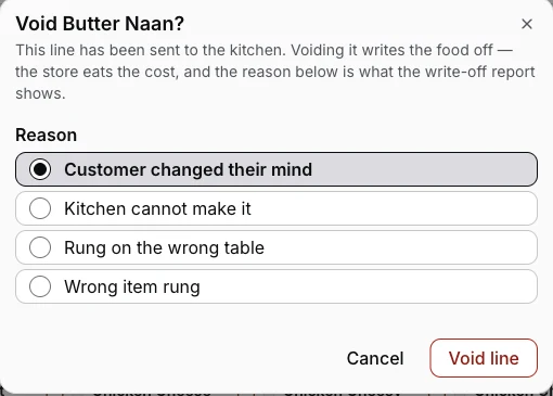 The void dialog for a fired dish: four reasons — customer changed their mind, kitchen cannot make it, rung on the wrong table, wrong item rung — above a manager PIN prompt